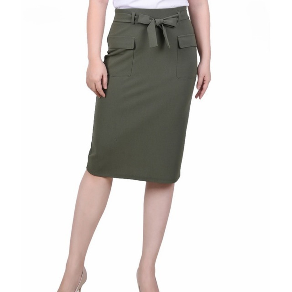 NY Collection Olive Green Petite Slim Belted Scuba Crepe Cargo Skirt Medium Chic